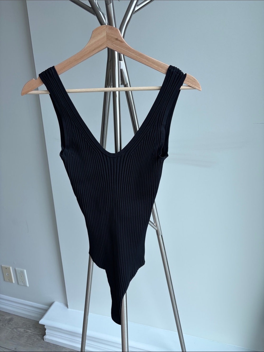 KHAITE Black Ribbed V-Neck Bandeau Bodysuit